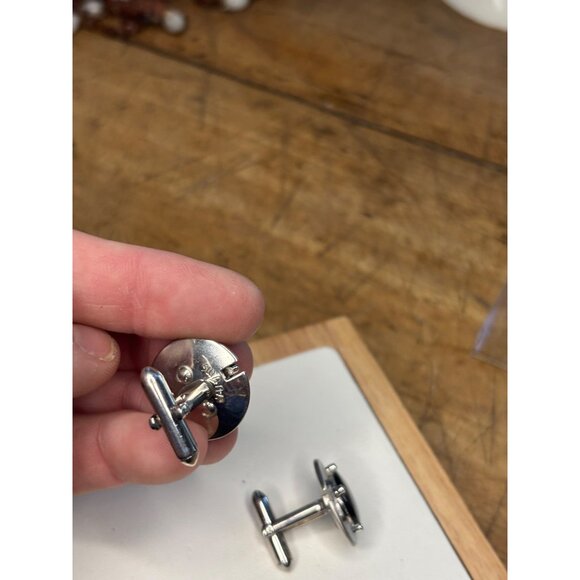 Swank Silver-Tone Round Cufflinks With Gray Stone Center For Men - Picture 4 of 8